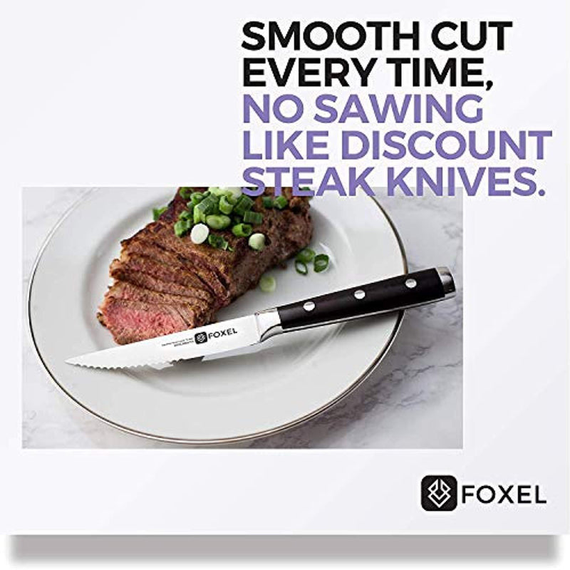 Steak Knives Knife Set of 6 or 12 - Natural Ebony Wood Full Tang Handle - Serrated Blade - German Stainless Steel - Gift Box Set - Not Dishwasher Safe