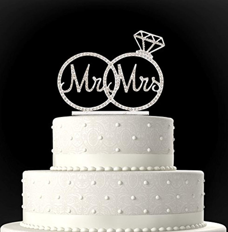 Rubies & Ribbons "Mr & Mrs" Silver Metal with Rhinestones Two Rings Bling Wedding Cake Topper Party Decoration with Gift Box