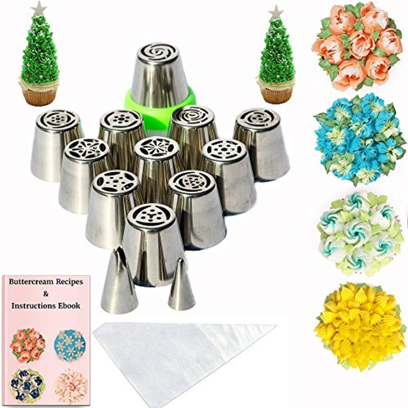 Russian Piping Tips Supersize Set - XXL Create Big Flowers - 15pc Baking Supplies Cake & Cupcake Decorating Tools Set 11 Cake Icing Tips + 2 Leaf Tips + 1 Coupler + 1 Silicone Pastry Bag