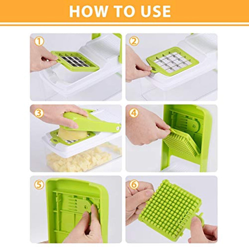 AdorioPower Vegetable Chopper, Kitchen Veggie Fruit Dicer Slicer, Food Cutter with 3 Interchangeable Blades Set, Food Container and Cleaning Brush for Onion, Potato and More - No-Mess Kitchen Gadgets