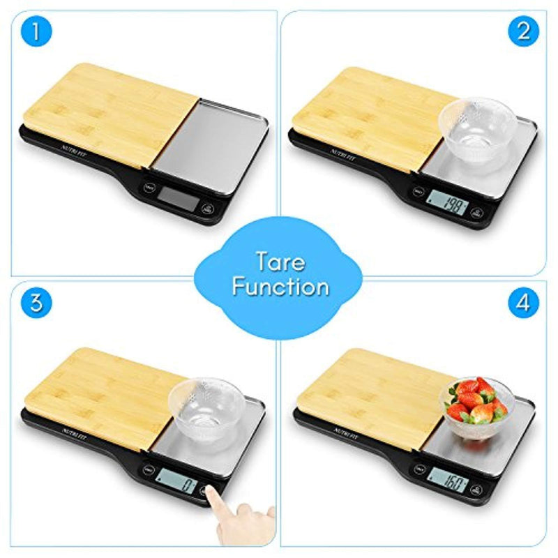 Food Scale with Removable Bamboo Cutting Board & Tray-3 in 1 Digital Kitchen Scale, LCD Display, 11lb 5kg, Easy for Cooking & Clean by Nutrifit (Measuring spoons & Batteries Included)