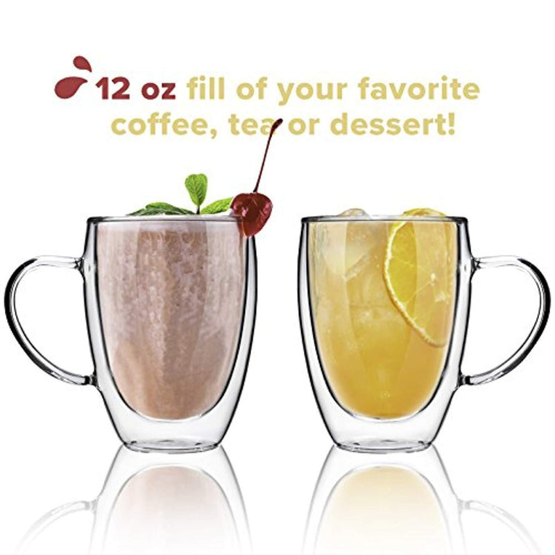 Kitchables Double Walled Thermo Insulated Cups, Glass Coffee Mugs, Coffee Mug Set, Latte Cappuccino Espresso, Coffee or Tea Mugs, Drinking Glasses, Set of 2, 12oz