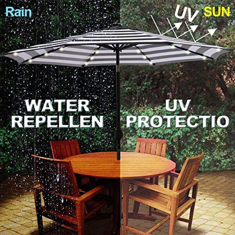 Blissun 9 ft Solar Umbrella 32 LED Lighted Patio Umbrella Table Market Umbrella with Tilt and Crank Outdoor Umbrella for Garden, Deck, Backyard, Pool and Beach (Black and White)