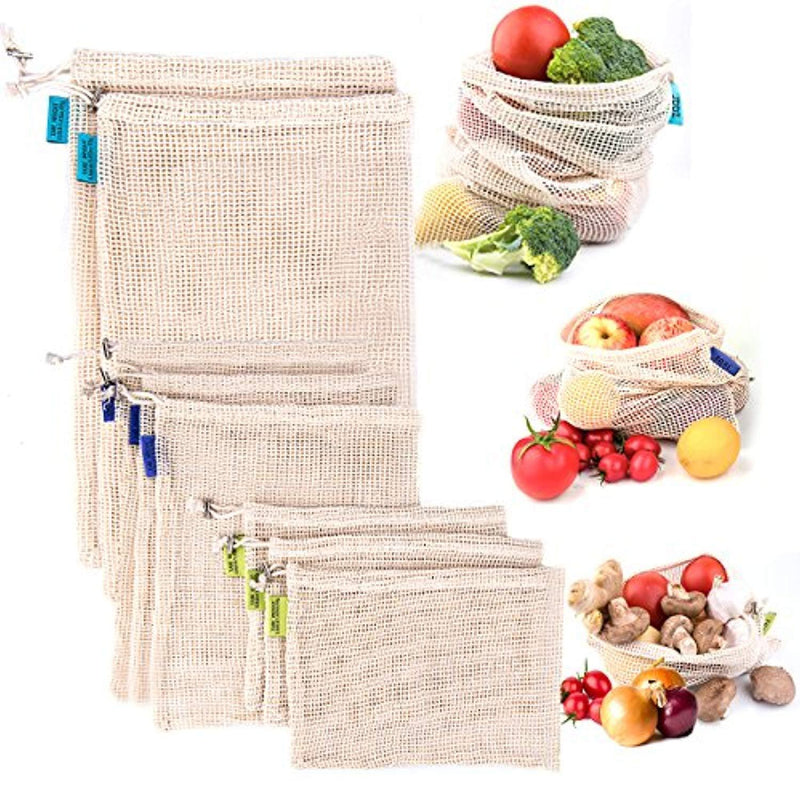 QYQBOON Reusable Mesh Produce Bags, Zero Waste Eco-Friendly Natural & Healthy Organic Cotton Drawstring Net Bag for Grocery Shopping Storage Set of 8 (3 Small - 3 Medium - 2 Large)