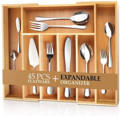 KaryHome  24-Piece Silverware  Set, Flatware Set Mirror Polished, Dishwasher Safe Service for 4, Include Knife/Fork/Spoon with Bamboo 5-Compartment Silverware Drawer Organizer Box