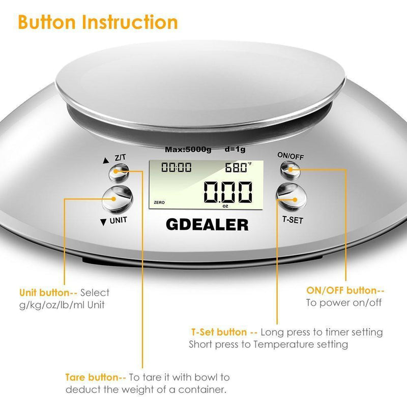 GDEALER Digital Kitchen Scale 11lb/5kg Accuracy Food Scale Multifunction Kitchen Scale with Bowl, Stainless Steel, 2.15L Liquid Volume, Alarm Timer, Temperature, Backlight LCD Display