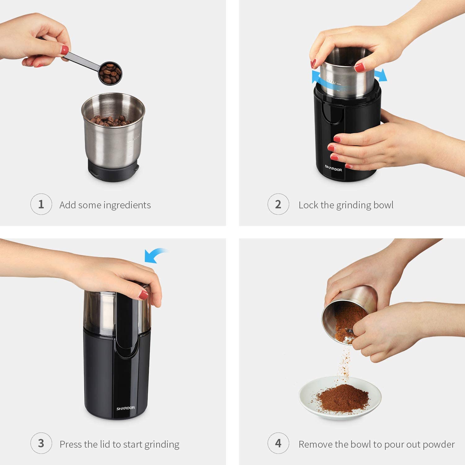 SHCRDOR Coffee & Spice Grinders Electric, 2 Removable Stainless Steel Bowls for dry or wet grinding, Black