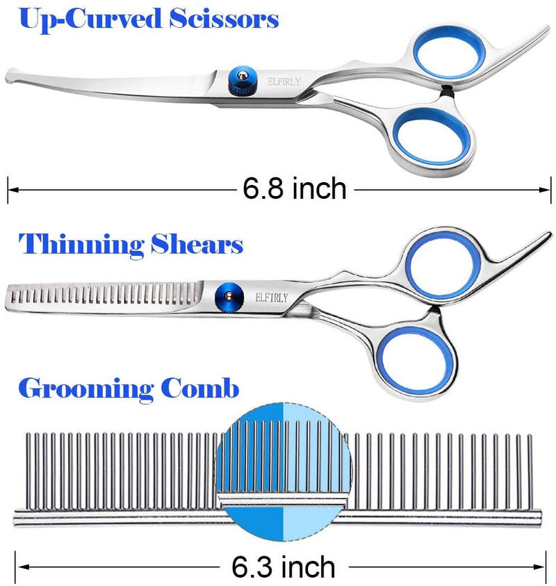 Elfirly Dog Grooming Scissors Set with Safety Round Tip (2 Pack - Curved Scissors Thinning Shears for Grooming) Pet Grooming Shears with Grooming Comb for Dogs and Cats
