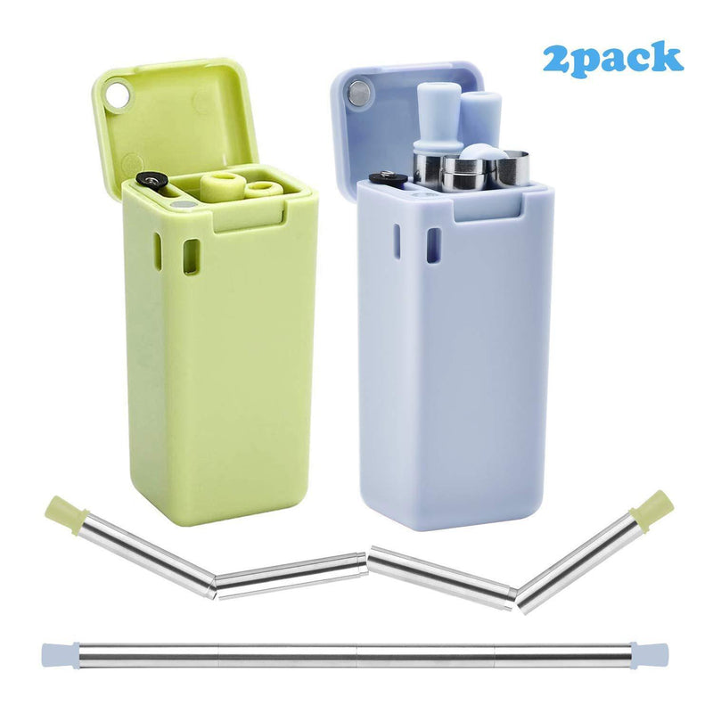 HIHOPER 2 Pack Collapsible Reusable Straw,Composed of Stainless Steel and Premium Food-Grade Silicone,Portable Set with ABS Hard Case Holder and Cleaning Brush,For Party,Travel,etc.(Black&Blue)