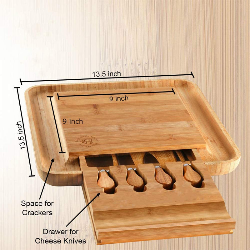 Home Perspective Cheese Board and Knife Set - 100% Organic Bamboo Wood Charcuterie Platter Serving Tray with Cutlery - Perfect for Birthday, Housewarming & Wedding Gifts