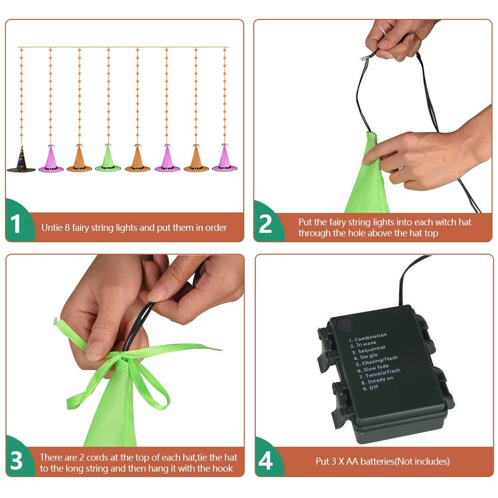 Opard Halloween Decorations Outdoor 8Pcs Hanging Glowing Lighted Witch Hat Decorations String Lights Battery Operated Halloween Décor for Outdoor Yard Tree