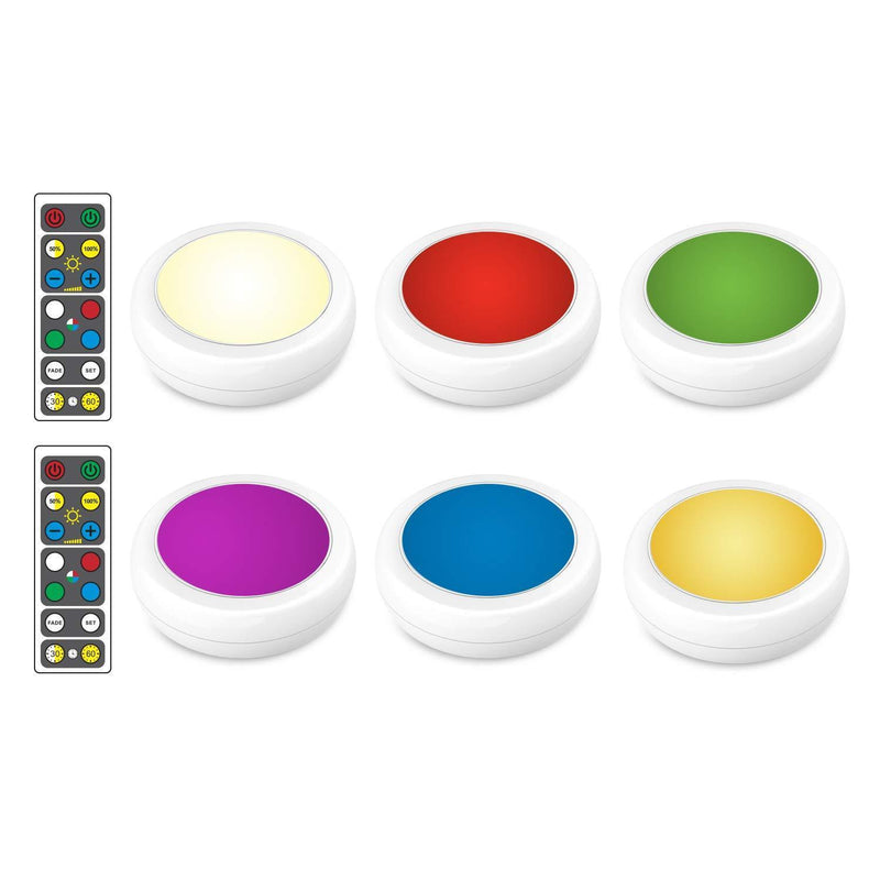 Brilliant Evolution Wireless Color Changing LED Puck Light 6 Pack With 2 Remote Controls | LED Under Cabinet Lighting | Closet Light | Battery Powered Lights | Under Counter Lighting | Stick On Lights