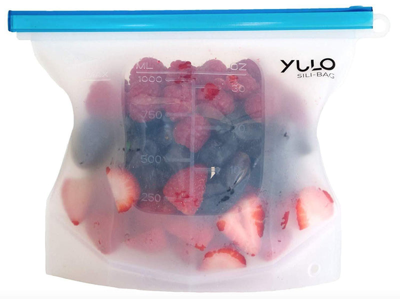 Yulo Sili-Bags Reusable Silicone Food Storage Bags (5 Pack) NEW design, reusable snack bags, freezer bags, AIRTIGHT sandwich bag, ECO friendly, microwavable, [5x Large 33 fl.oz reusable silicone bag]