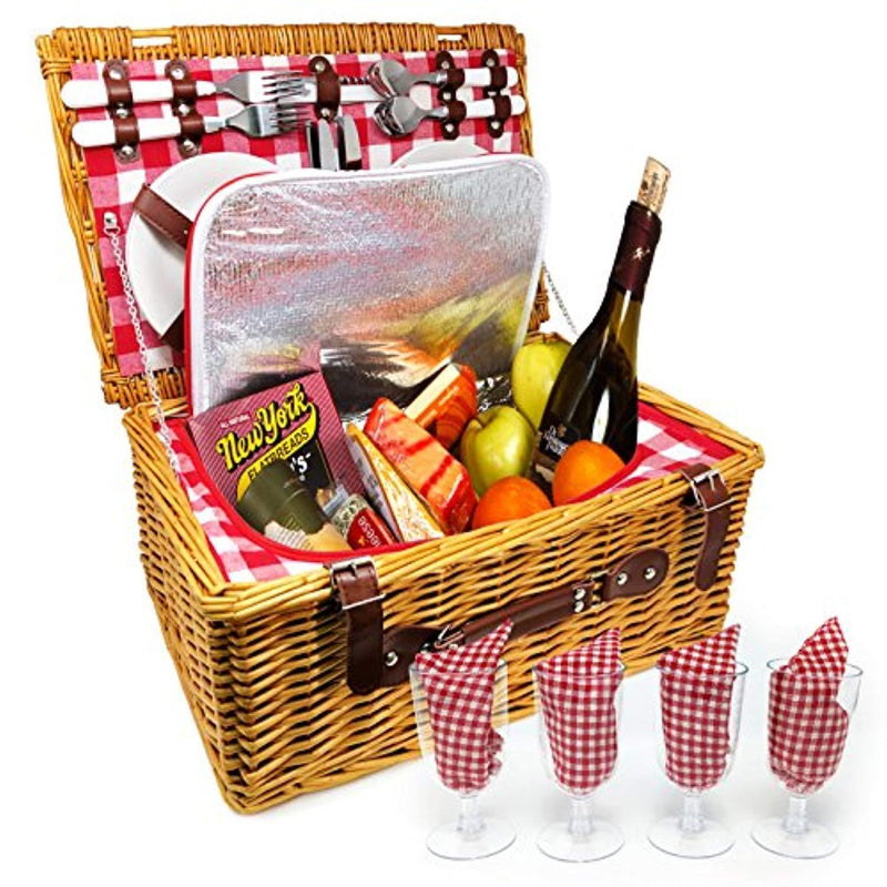 UPGRADED Picnic Basket 2019 Model - INSULATED 4 Person Wicker Hamper - Premium Set with Plates, Wine Glasses, Flatware and Napkins