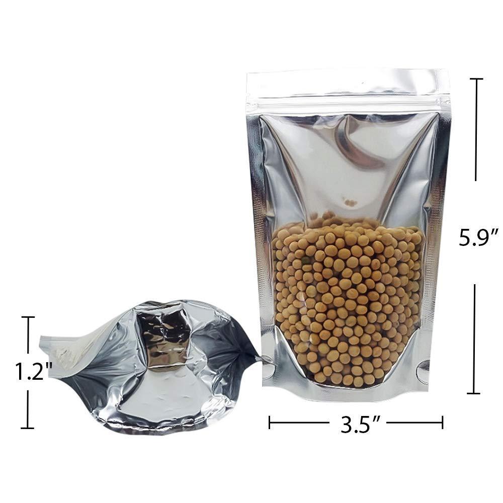 QYQBOON 100 Pcs Resealable Zip Lock Mylar Bag, Stand Up Pouch Bags, Heavy Duty Clear Silver Front with Aluminum Foil Back, Smell Proof Pouches for Food Storage, 3.5" x 5.9" Inch
