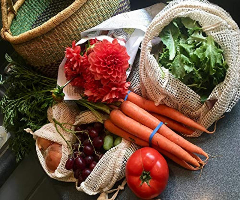 Reusable Produce Bags - Organic Cotton Vegetable Bags - Mesh Produce Bags - Cotton Vegetable Bags - Veggie Bags - Cotton Produce Bag - Reusable Fresh Bags - Set of 6 (2 of M, L, XL)