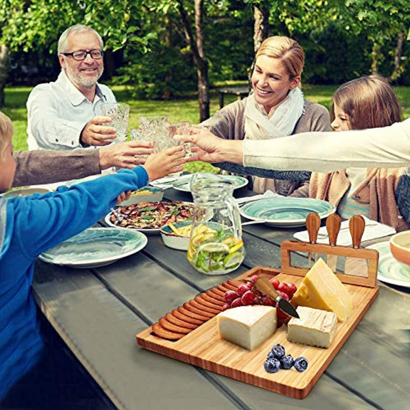 Bamboo Cheese Board Set, Charcuterie Platter and Serving Meat Board Including 4 Stainless Steel Knife and Serving Utensils, Unique Gifts for Christmas Wedding Birthday Anniversary(14''x11'')