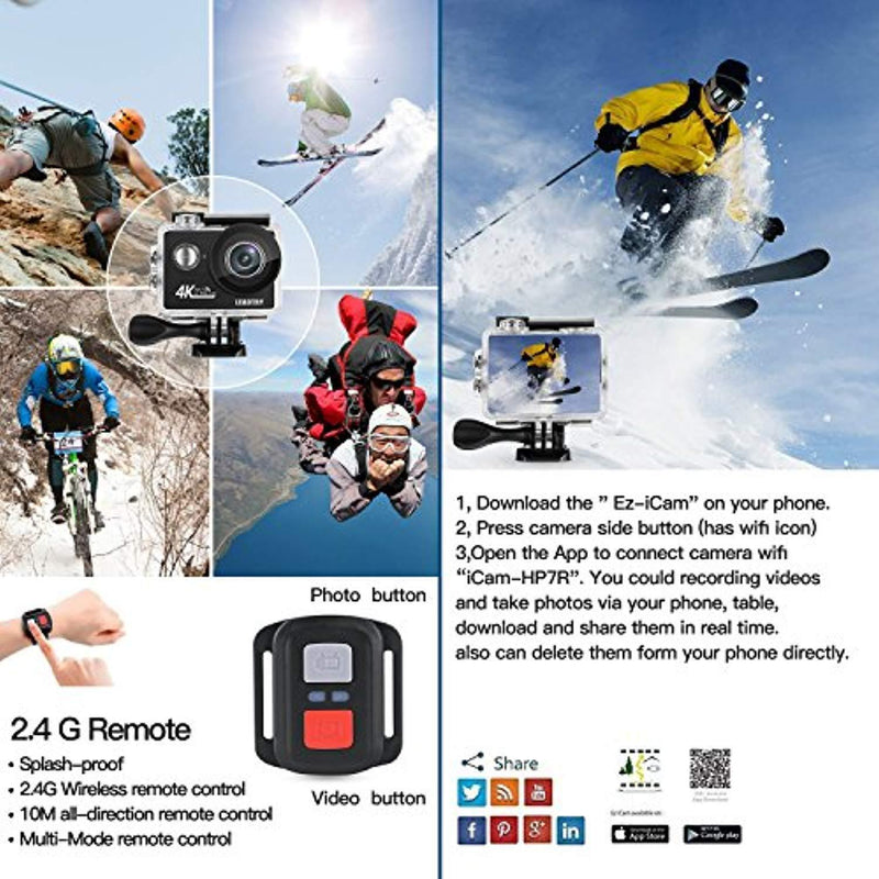 LEADTRY HP7R Plus Sport Action Camera WiFi,4K 12MP HD Mini Cam,100Ft Underwater Waterproof Camcorders,170° Wide Angle Lens Recording DV with 2 Batteries Support Live Streaming