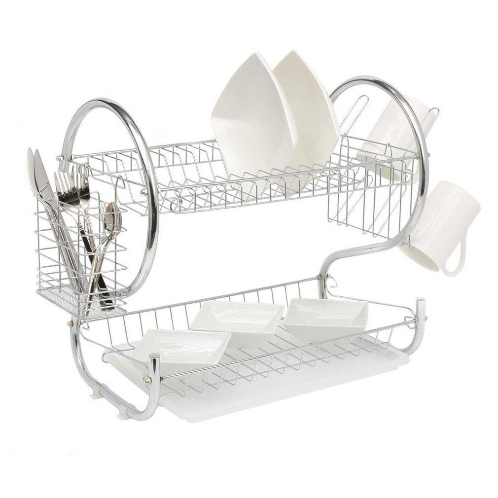 Duerer 2-Tier Kitchen Dish Plate Storage Organizer and Drying Rack with Removable White Utensil Holder, Chrome-Plated