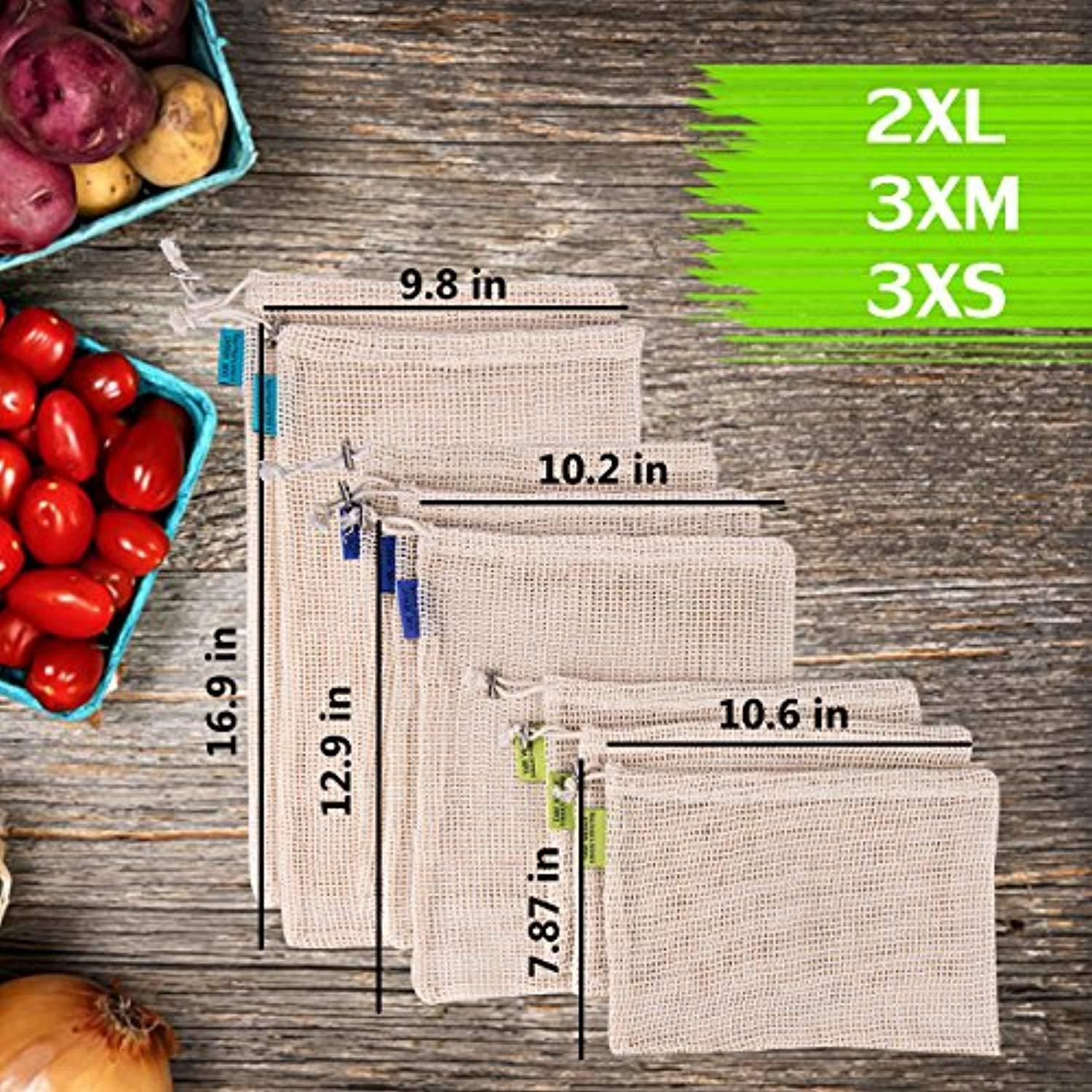 QYQBOON Reusable Mesh Produce Bags, Zero Waste Eco-Friendly Natural & Healthy Organic Cotton Drawstring Net Bag for Grocery Shopping Storage Set of 8 (3 Small - 3 Medium - 2 Large)