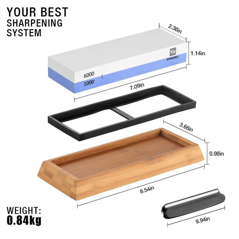 Sharpening Stone 1000/6000 2 Sides, Knife Sharpening Whetstone Grits with NonSlip Bamboo Base & Angle Guide, Kitchen Tools