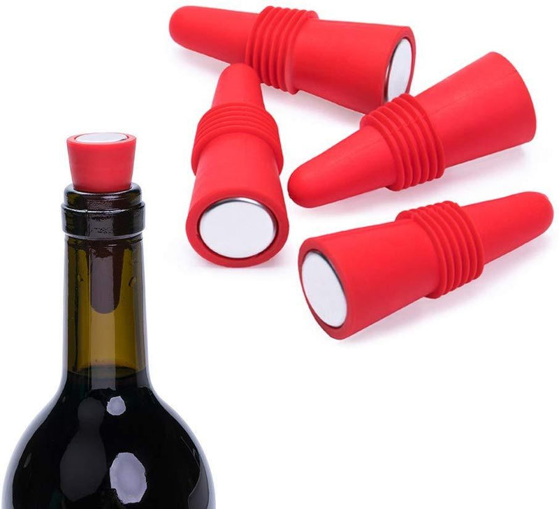 OHMAXHO Wine Stoppers (Set of 5), Silicone Wine Bottle stopper and Beverage Bottle Stoppers, Red