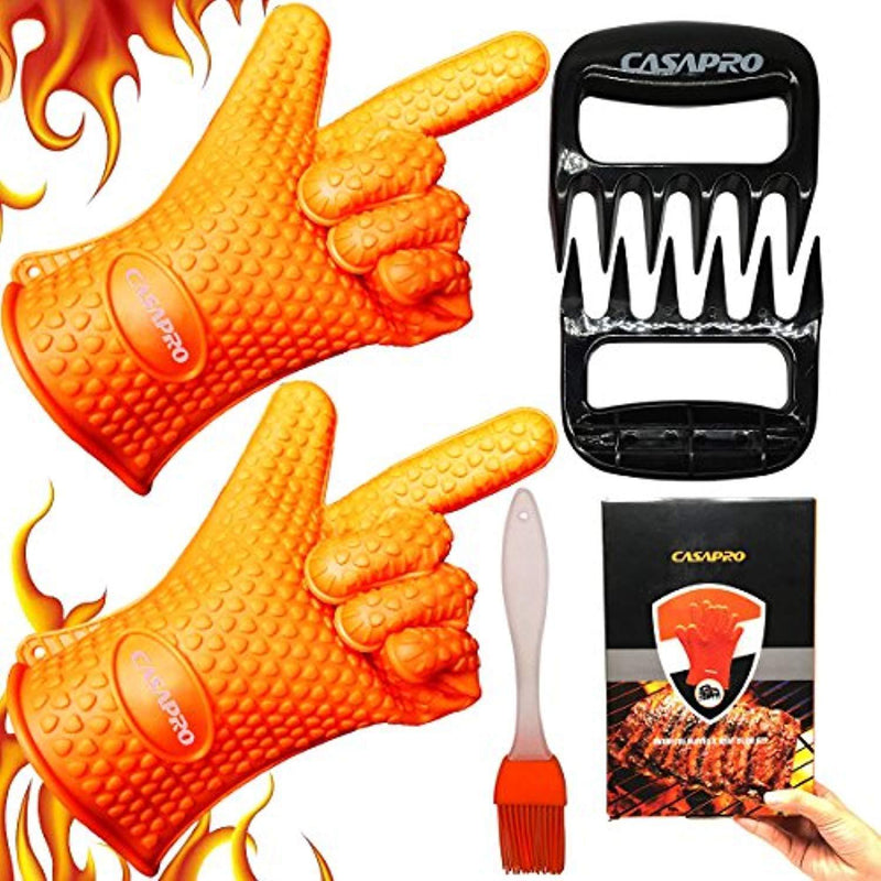 CASAPRO 5 piece Silicone Cooking Glove Meat Shredder - Including Heat Resistant Gloves, Solid Prong Meat Shredders and Silicone Basting Brush for Cooking, Grilling, Baking, Barbecue