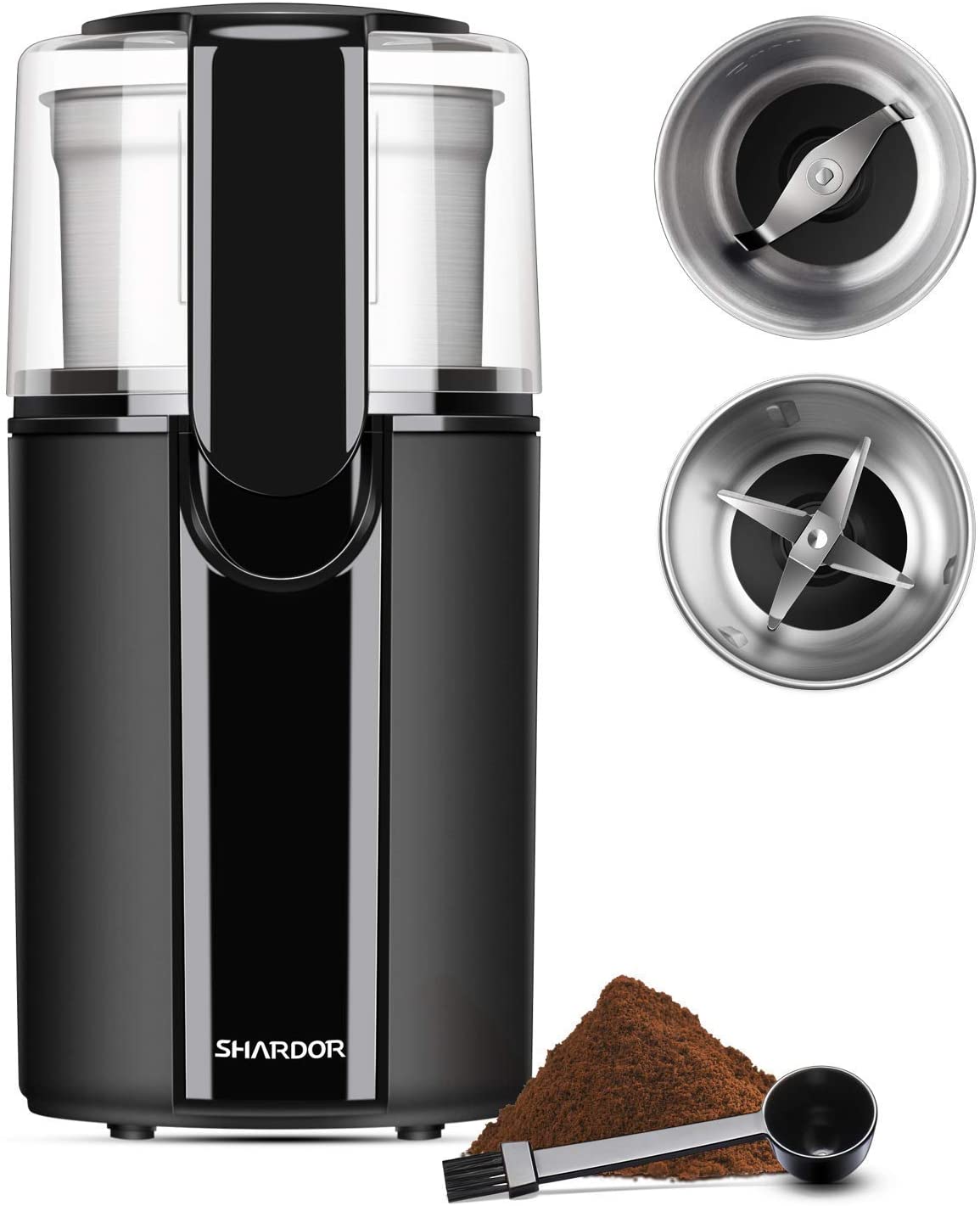 SHCRDOR Coffee & Spice Grinders Electric, 2 Removable Stainless Steel Bowls for dry or wet grinding, Black