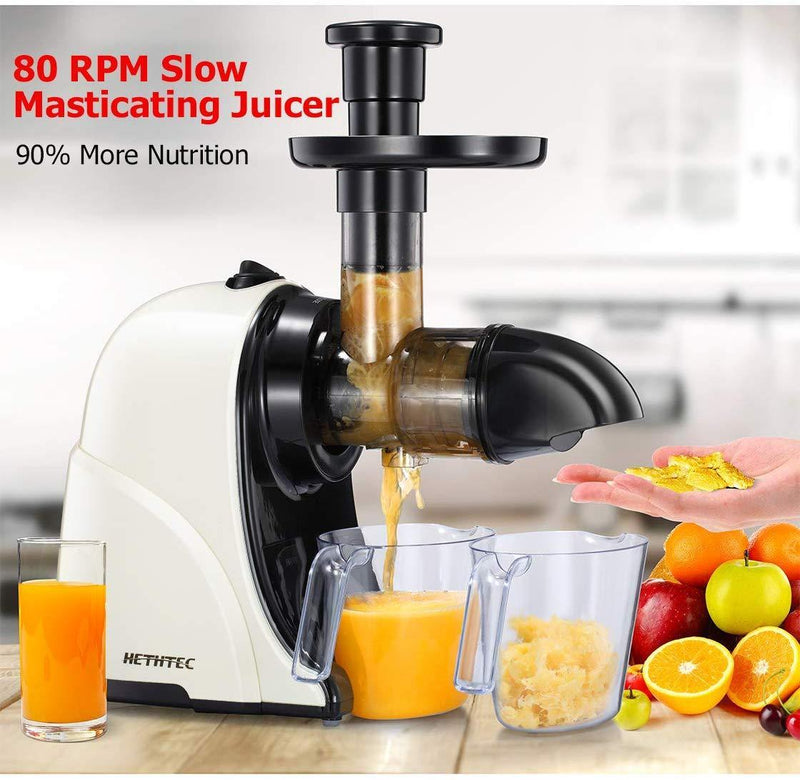 Masticating Juicer Machines, Hethtec Slow Cold Press Juicer Quiet Motor, Reverse Function, High Yield Juice Extractor with Brush for Fruits and Vegetables, Easy to Clean, BPA-Free