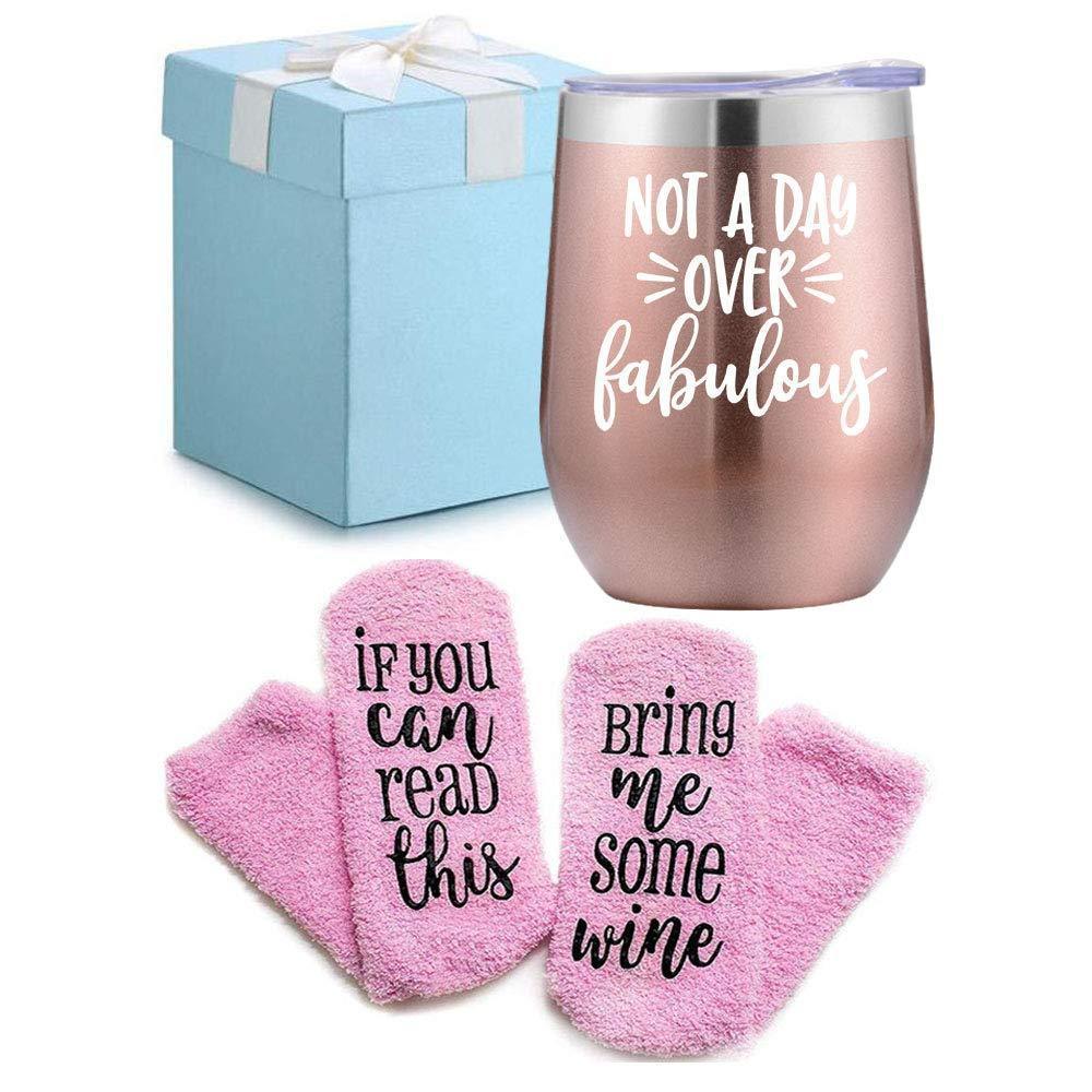 Wine Gifts Set for Women Wine Socks Gifts + Wine Tumbler with Funny Saying Not a Day Over Fabulous, Gift Baskets for Birthday Women, Mom, Grandma, Wife, Aunt, Daughter by Mavisgifts