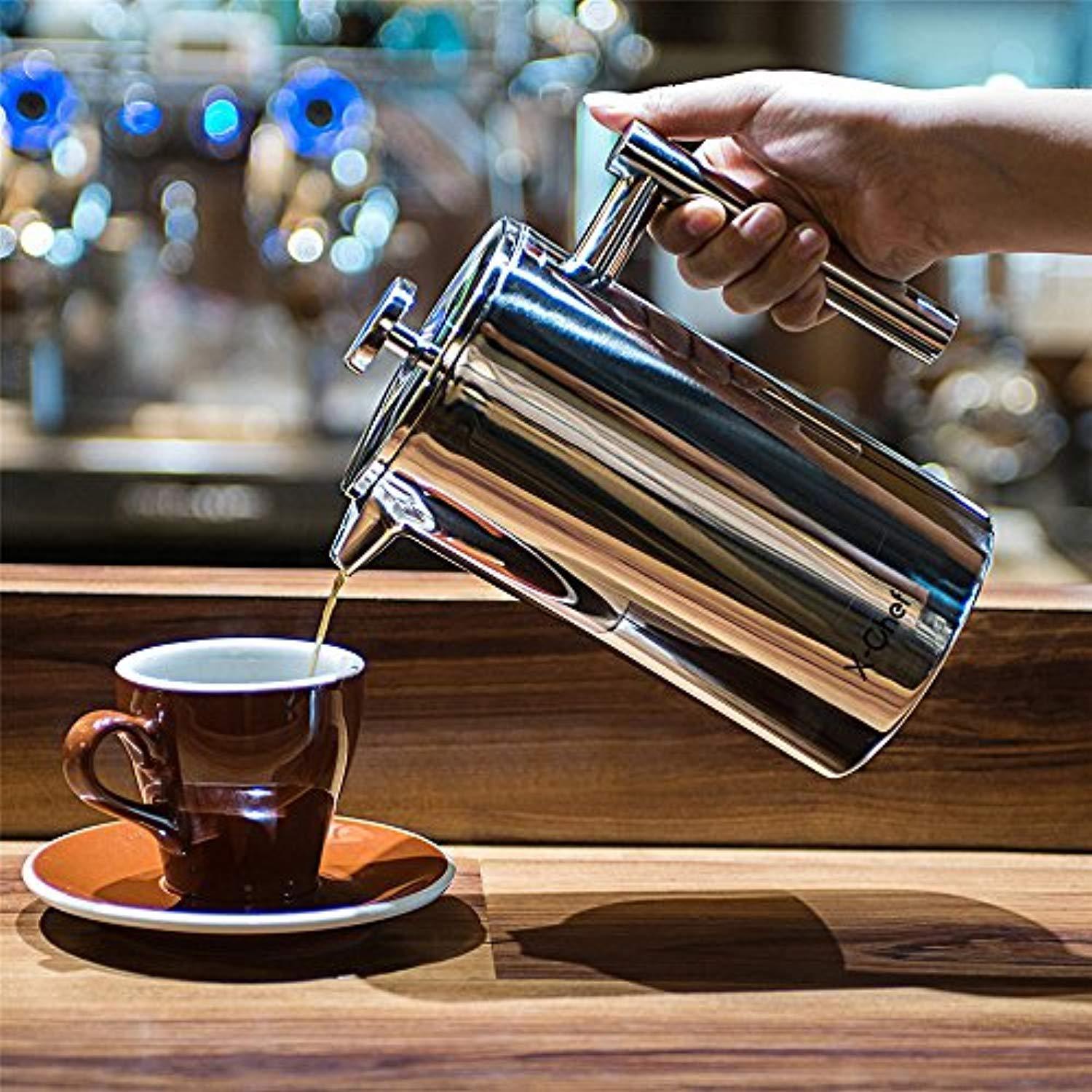 X-Chef Stainless Steel French Press, Large Espresso Coffee Maker-Double Filter, Vacuum Insulated for Home Office Camping 51oz/1500ML, 12 Cups