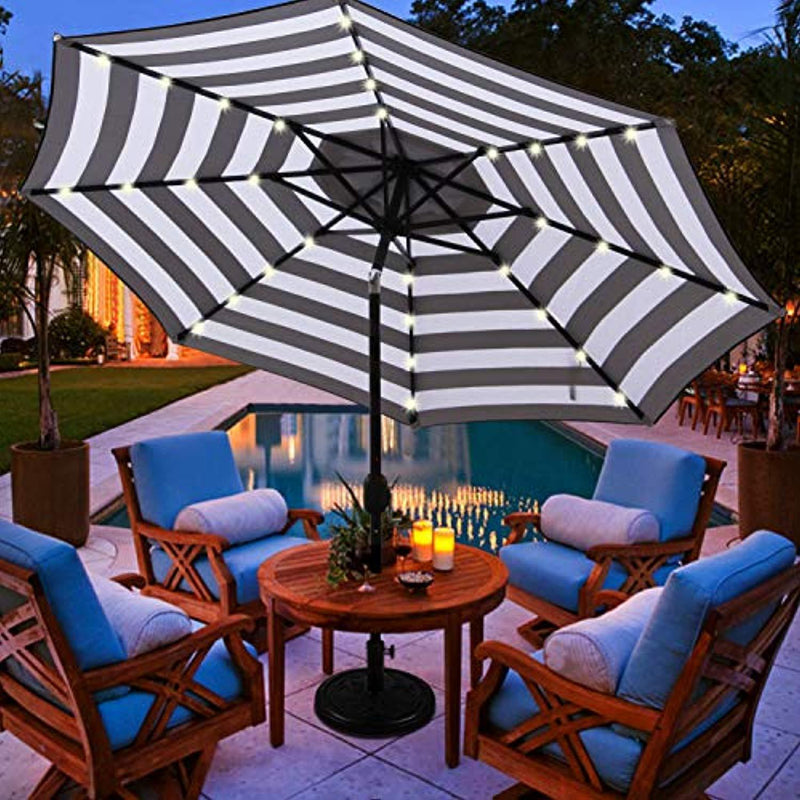 Blissun 9 ft Solar Umbrella 32 LED Lighted Patio Umbrella Table Market Umbrella with Tilt and Crank Outdoor Umbrella for Garden, Deck, Backyard, Pool and Beach (Black and White)