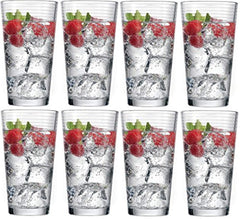 Set of 16 Heavy Base Ribbed Durable Drinking Glasses Includes 8 Cooler Glasses(17oz) and 8 Rocks Glasses(13oz), 16-piece Elegant Glassware Set