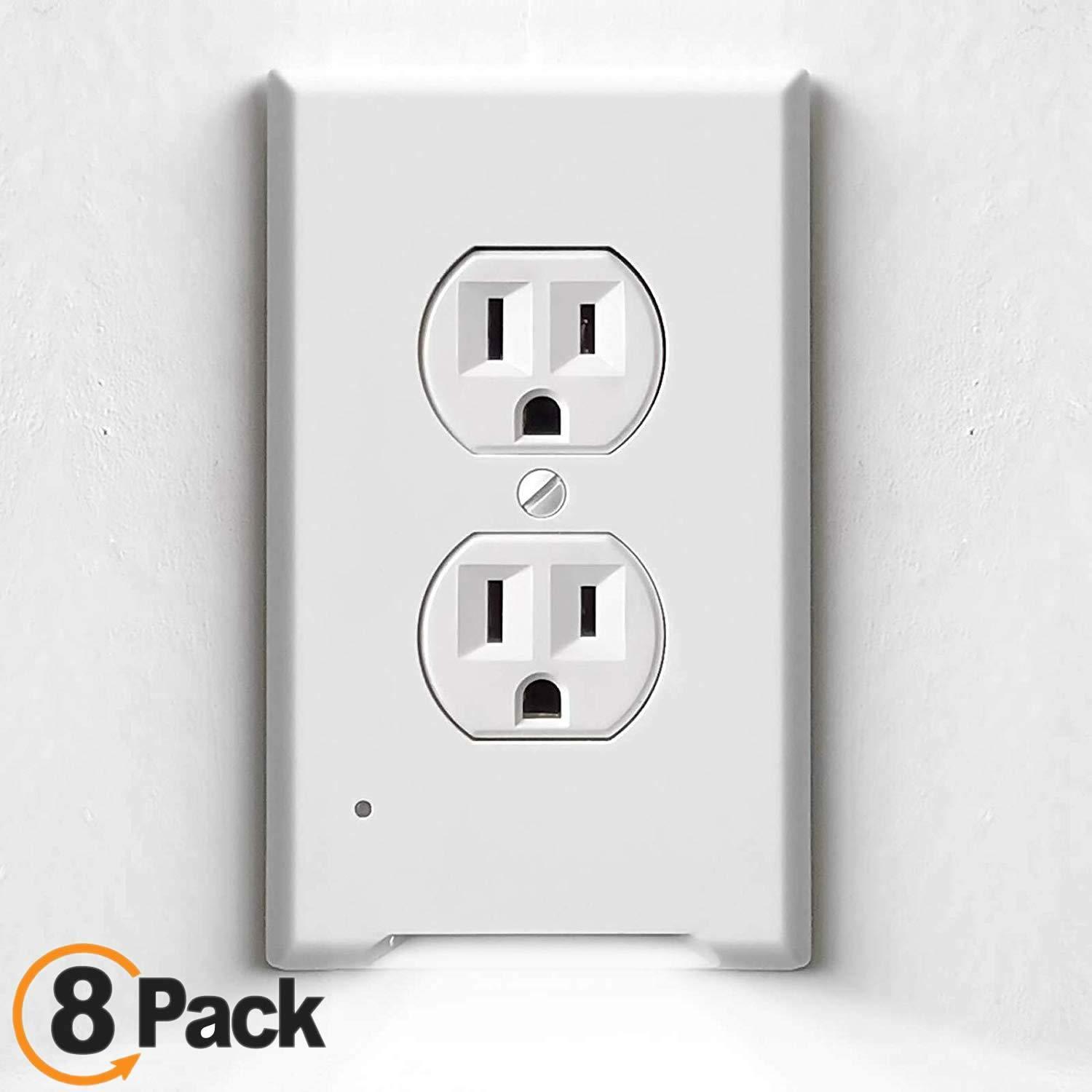 4Pack LED Night Light Outlet Cover Plate-No Wires Or Batteries,Light Sensor Auto-On LED Guidelight,Install In a Snap,Outlet Wall Plate With 0.3W High Brightness Night Light (White,Duplex)