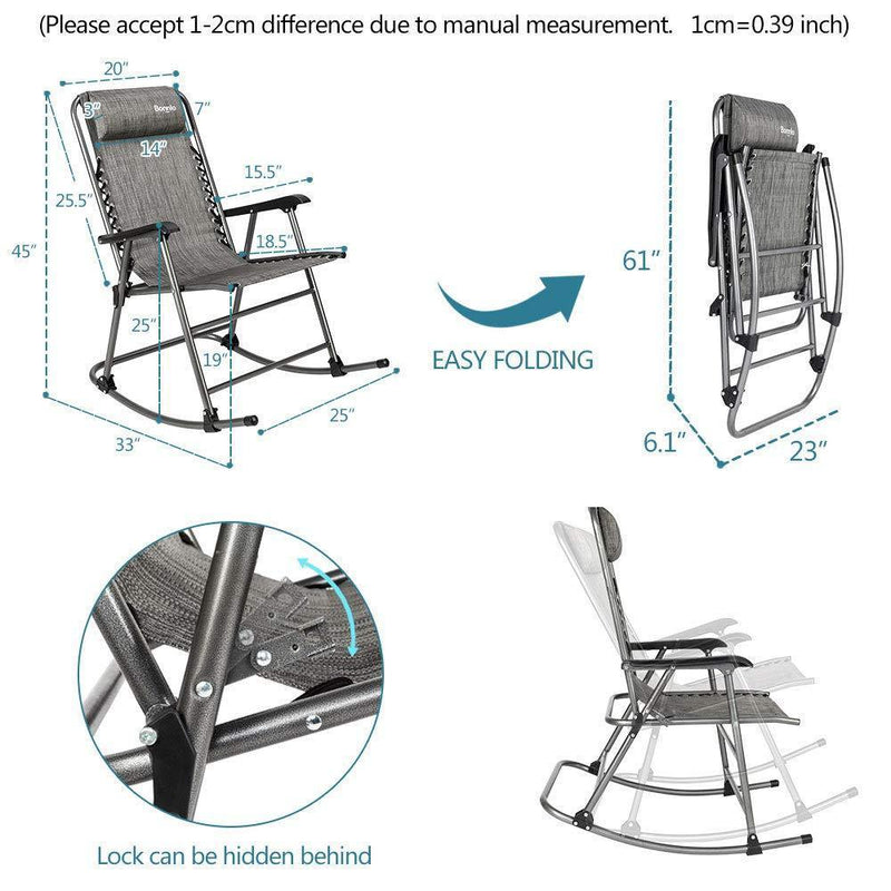Bonnlo Set of 2 Zero Gravity Rocking Chair Patio Lawn Chair, Beach Reclining Folding Chairs, Outdoor Portable Recliner for Camping Fishing Beach (Grey-2pcs)