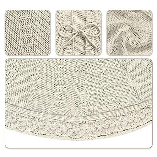 LimBridge Christmas Tree Skirt, 48 inches Buffalo Plaid Knitted Thick Heavy Yarn Rustic Xmas Holiday Decoration, Cream Burgundy