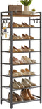 QYQBOON Shoe Storage Organiser, Shoe Rack, 8 Tiers for 14 Pairs of Shoes, 53x30x135cm, Versatile Metal Shelves with 4 Hooks, Space Saver, for Hallway, Bedroom, Living Room, Rustics Brown, TXJ081H