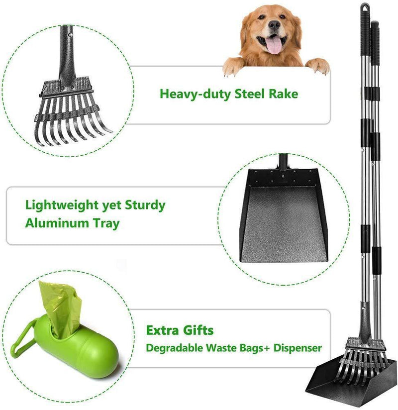 MIDOG Dog Pooper Scooper, Pet Poop Tray and Rake Set for Large Dogs - Long Adjustable Handle Bin with Rake for Dog