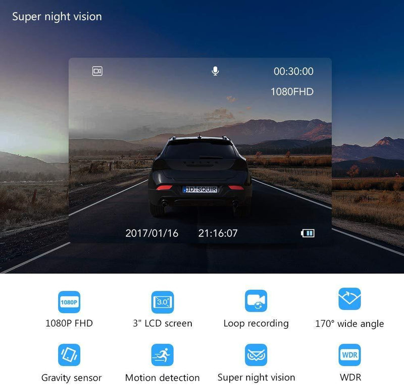 Dash Cam, Crosstour 1080P Car DVR Dashboard Camera Full HD with 3" LCD Screen 170°Wide Angle, WDR, G-Sensor, Loop Recording and Motion Detection (CR300)