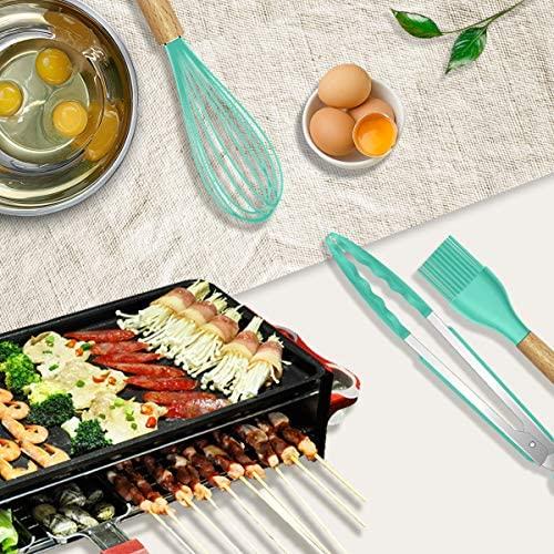14 Pcs Silicone Cooking Utensils Kitchen Utensil Set - 446°F Heat Resistant,Turner Tongs,Spatula,Spoon,Brush,Whisk. Wooden Handles Gray Kitchen Gadgets Tools Set for Nonstick Cookware (BPA Free)