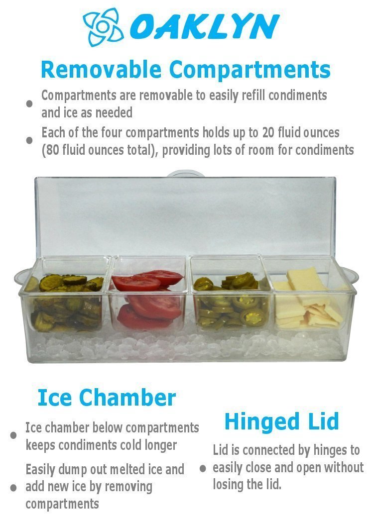 Large Clear Condiment Server Organizer on Ice with Containers and Lid – Serving Bar Compartments Hold 20 oz Portion and Plastic Box Tray are BPA Free – Chilled Caddy Dispenser Set Holds 10 Cups