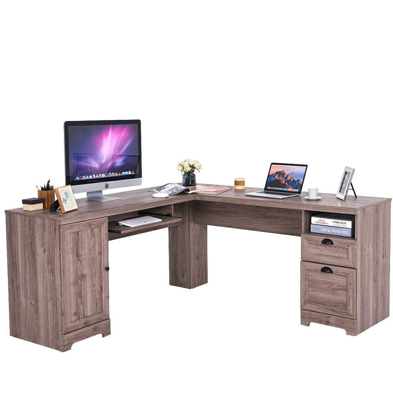 Tangkula 66" × 66" L-Shaped Desk, Corner Computer Desk, with Drawers and Storage Shelf, Home Office Desk, Sturdy and Space-Saving Writing Table,Brown