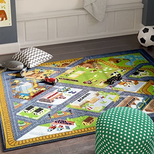 KC Cubs Playtime Collection Country Farm Road Map with Construction Site Educational Learning Area Rug Carpet for Kids and Children Bedroom and Playroom (5' 0" x 6' 6")