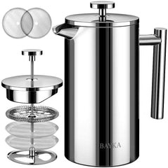 BAYKA French Press Coffee Maker, Stainless Steel 34oz Double-Wall Metal Insulated Coffee Tea Makers with 4 Level Filtration System, Rust-Free, Dishwasher Safe