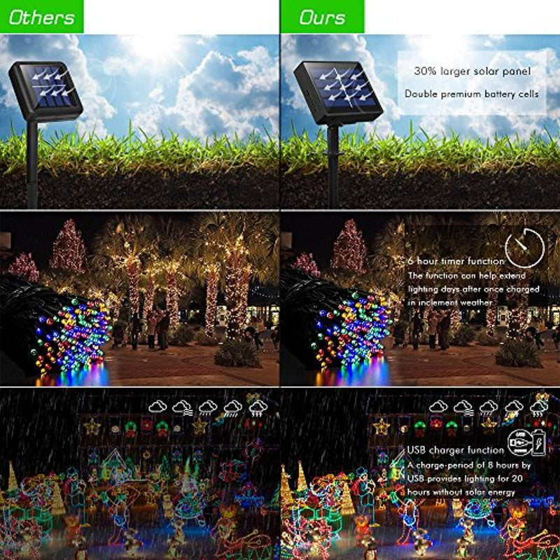 Solar Lights Outdoor 72ft 200 LED Fairy Lights, Ambiance lights for Patio, Lawn,Garden, Home, Wedding, Holiday, Christmas, Xmas Tree decoration,waterproof/Timer/USB Charge (Multi-color 2pack)