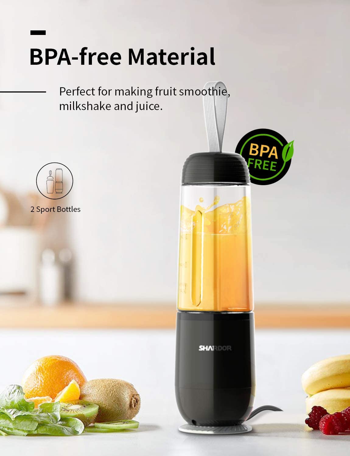 SHCRDOR Personal Smoothie Blender for Shakes Juice with 2 Sport Bottles 1 Ice Cube Tray, Black