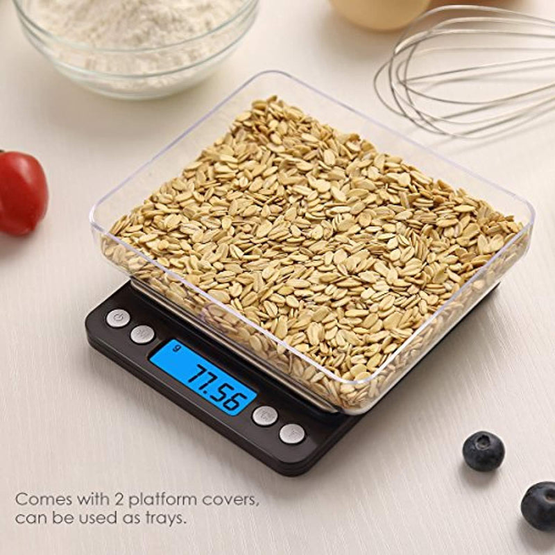AMIR Digital Kitchen Scale, 500g/0.01g Mini Pocket Jewelry Scale, Cooking Food Scale with Backlit LCD Display, 2 Trays, 6 Units, Auto Off, Tare, PCS Function, Stainless Steel, Battery Included, Black