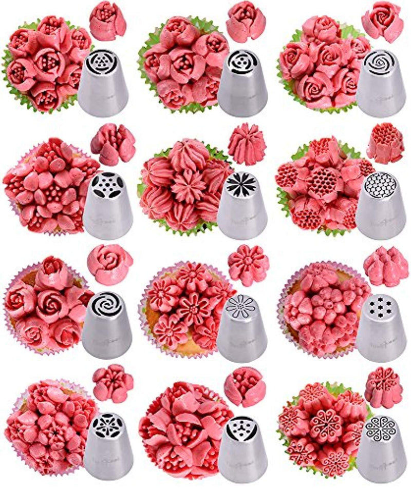 Baking supplies set 25 pcs - Russian piping tips newest patterns - big size 9 flower icing tips and 3 Malaysia pastry nozzles with accessories included in Cake decorating set