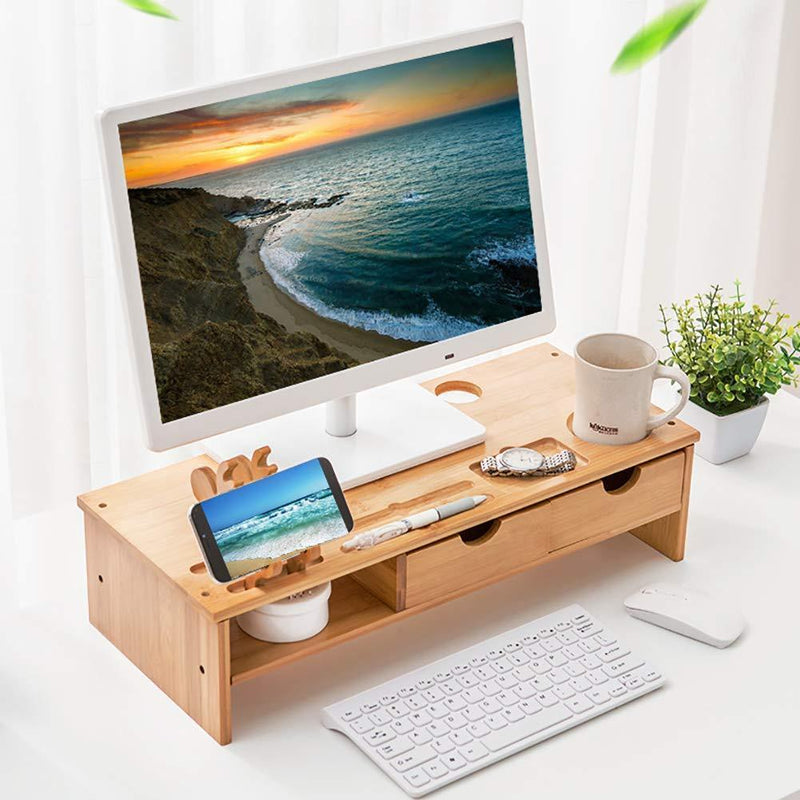 Bamboo Monitor Stand Computer Riser, Multifunctional Monitor Storage Stand with Storage Drawers, Desktop Laptop Stand Storage Organizer 21×7.5inch