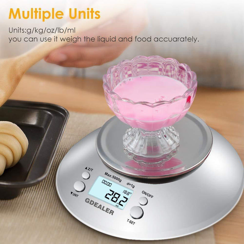 GDEALER Digital Kitchen Scale 11lb/5kg Accuracy Food Scale Multifunction Kitchen Scale with Bowl, Stainless Steel, 2.15L Liquid Volume, Alarm Timer, Temperature, Backlight LCD Display